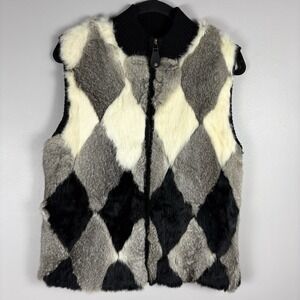 Rochelle California Adult M Black White Argyle Genuine Rabbit‎ Fur Full Zip Vest